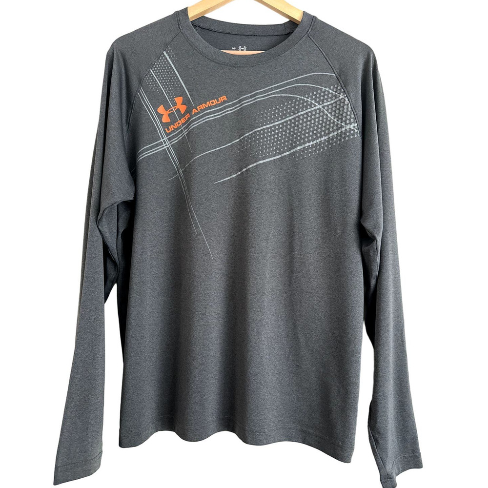 Under Armour HeatGear Men’s Large Long Sleeve Running Workout Shirt Gray Orange